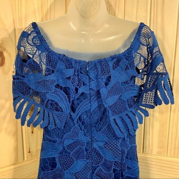 Celavie Special Occasion Lace Midi Dress SZ M Blue Crocheted Floral Boho Elegant - Picture 5 of 8